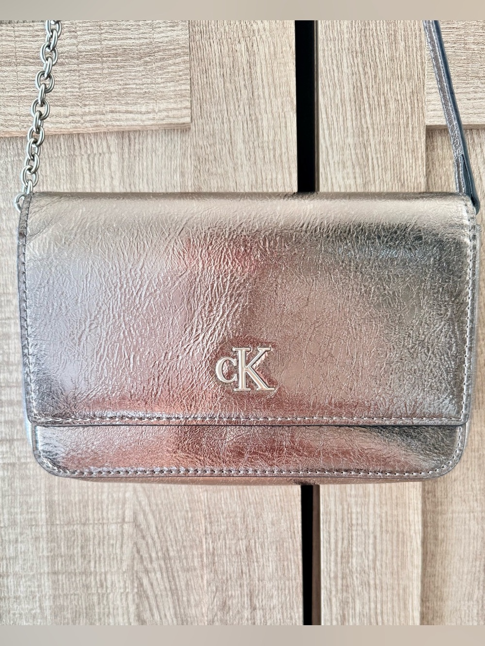 Calvin Klein “Brand New” Silver Metallic Crossbody Wallet Purse